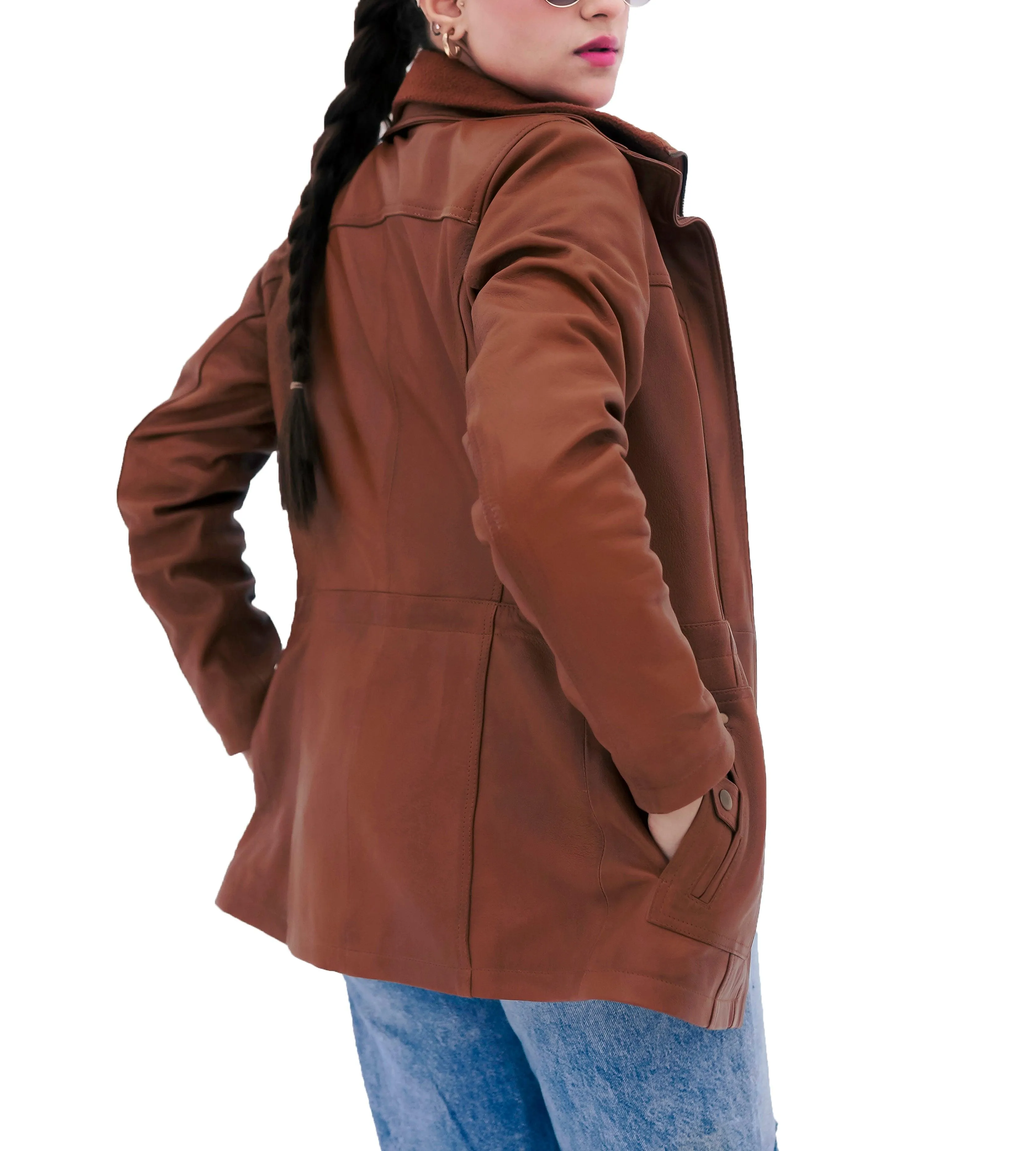 WOMEN REAL LAMBSKIN CAMEL BROWN DOUBLE LAYER THREE-QUARTER BIKER LEATHER COAT