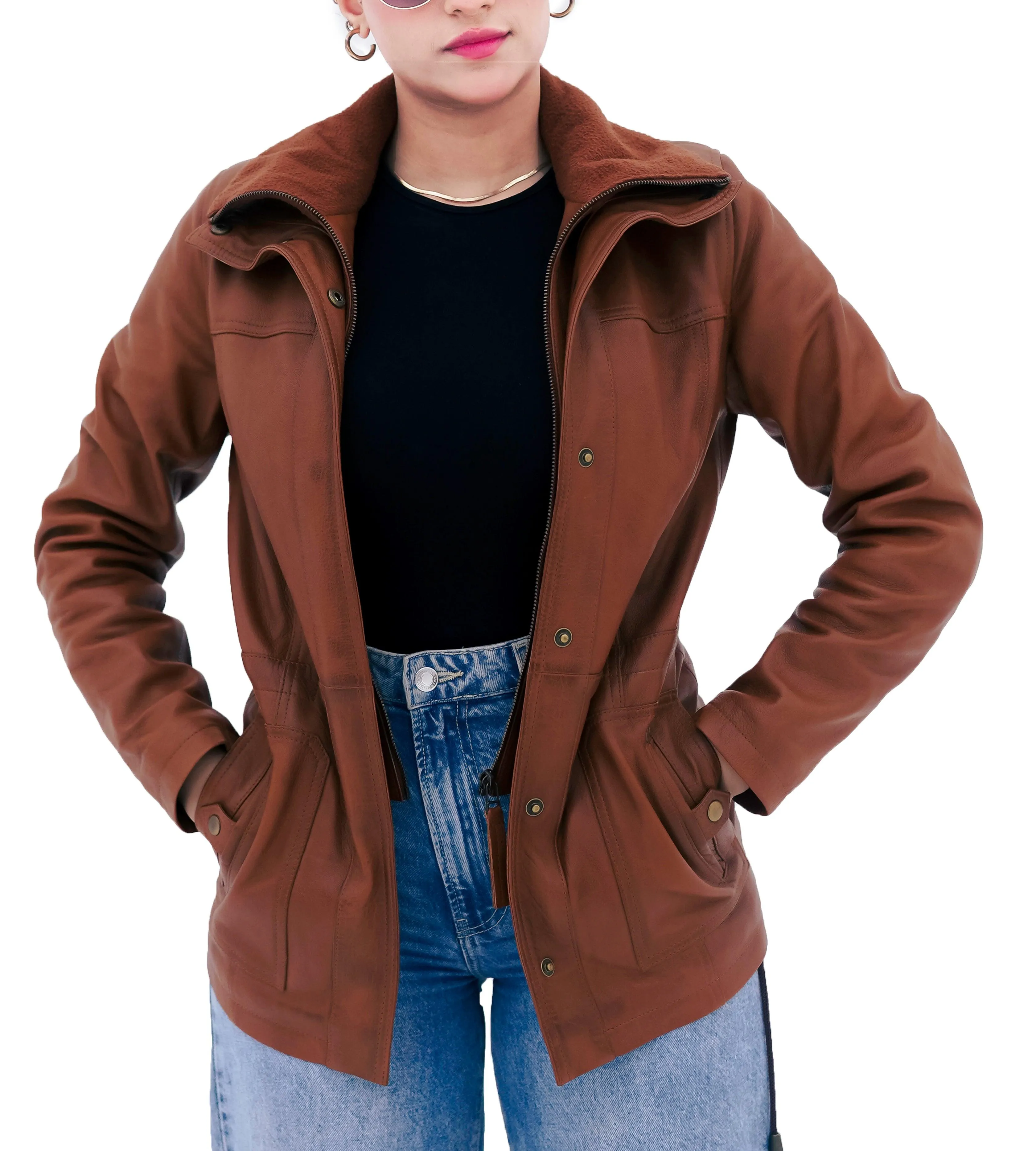 WOMEN REAL LAMBSKIN CAMEL BROWN DOUBLE LAYER THREE-QUARTER BIKER LEATHER COAT