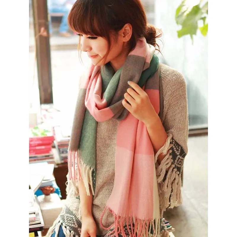 Women Winter Warm Plaid Tassel Long Scarf 200x60cm