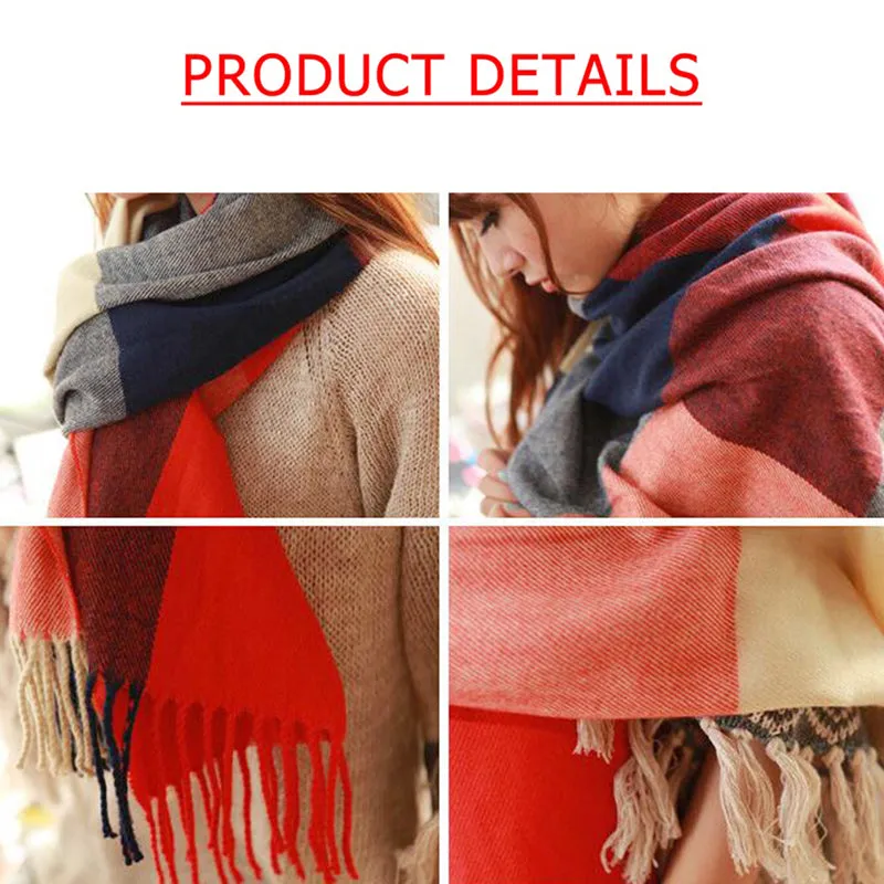 Women Winter Warm Plaid Tassel Long Scarf 200x60cm