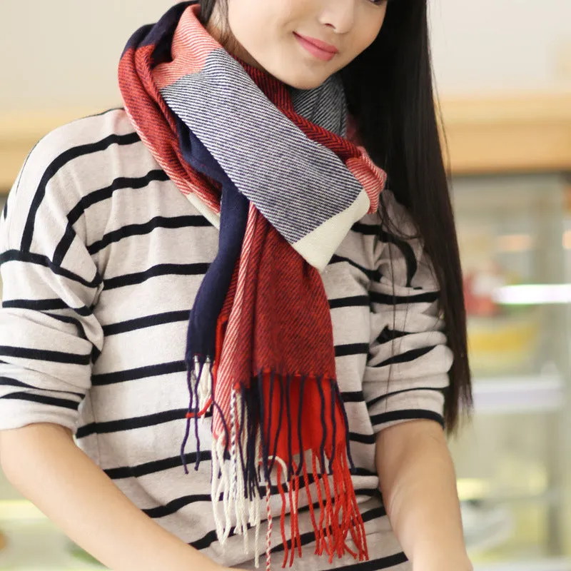 Women Winter Warm Plaid Tassel Long Scarf 200x60cm