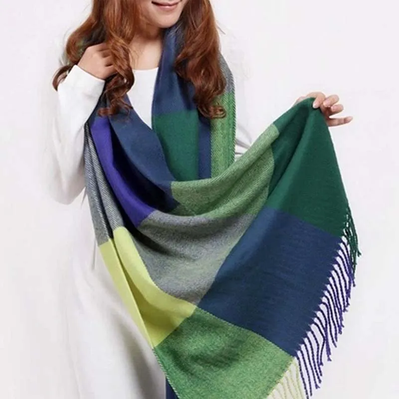 Women Winter Warm Plaid Tassel Long Scarf 200x60cm