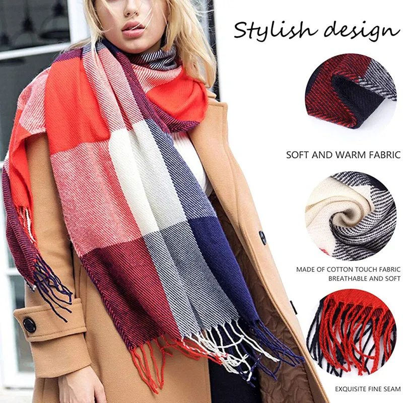 Women Winter Warm Plaid Tassel Long Scarf 200x60cm