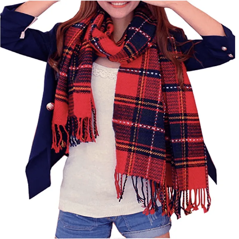 Women Winter Warm Plaid Tassel Long Scarf 200x60cm