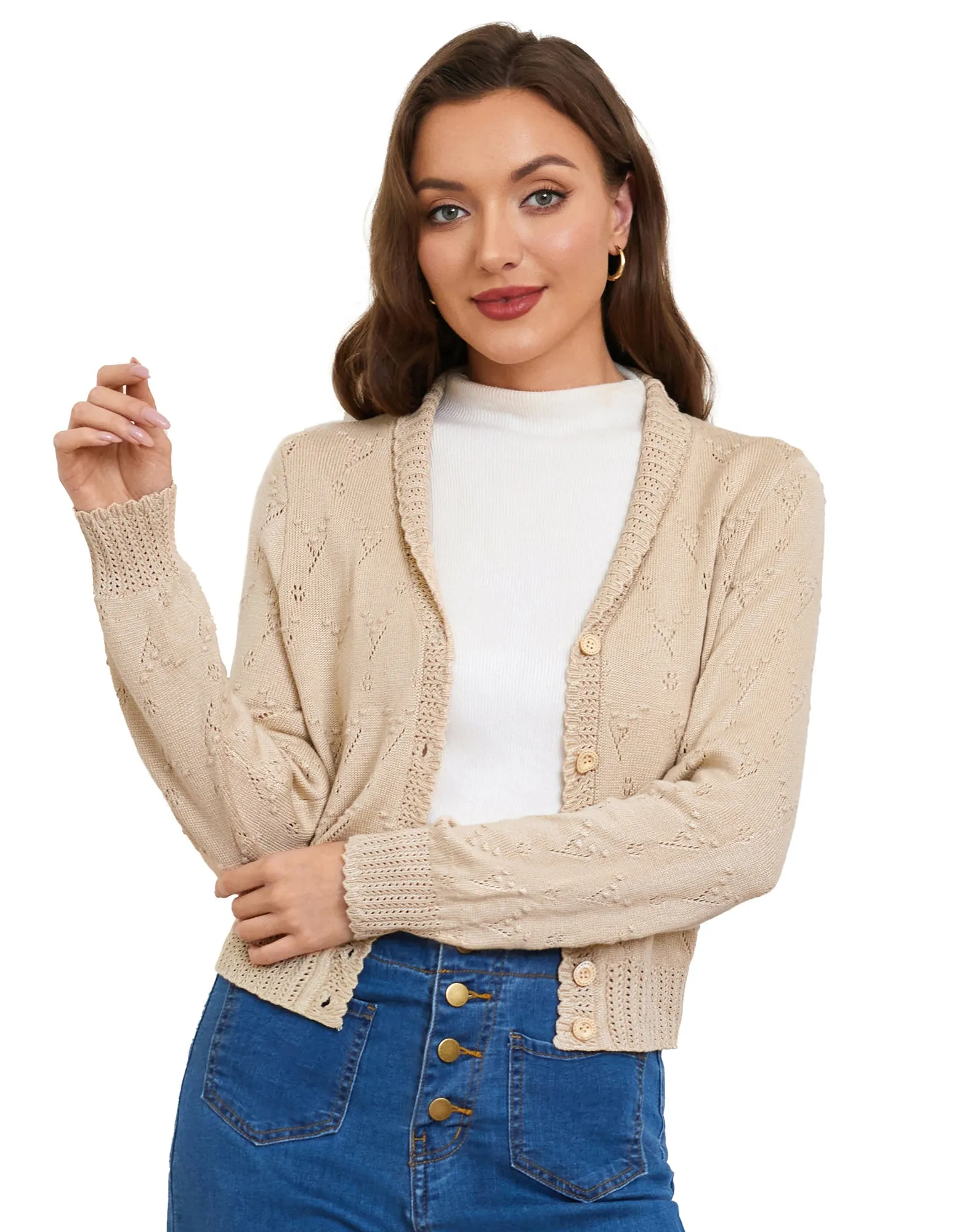 Women's Cropped Cardigan Sweaters Long Sleeve Lightweight Crochet Knit Button Down Cardigan Shrug