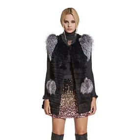 Women's Genuine Rabbit Fur Vest with Fox Fur Cuffs Winter Coat(Sleeveless,10)