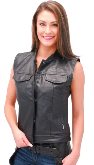 Women's Long Leather Club Vest w/1 Piece Back #VL10140GK