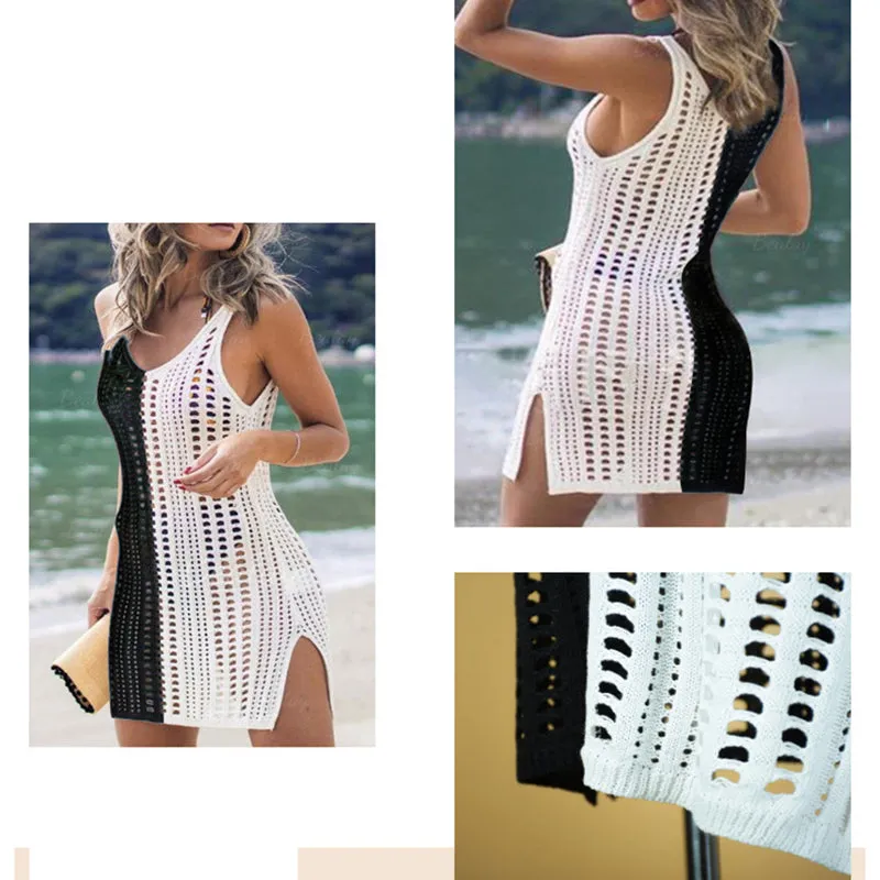 Women's Sexy Tank Vest See-through Knit Hollow Bikini Cover-up Dress