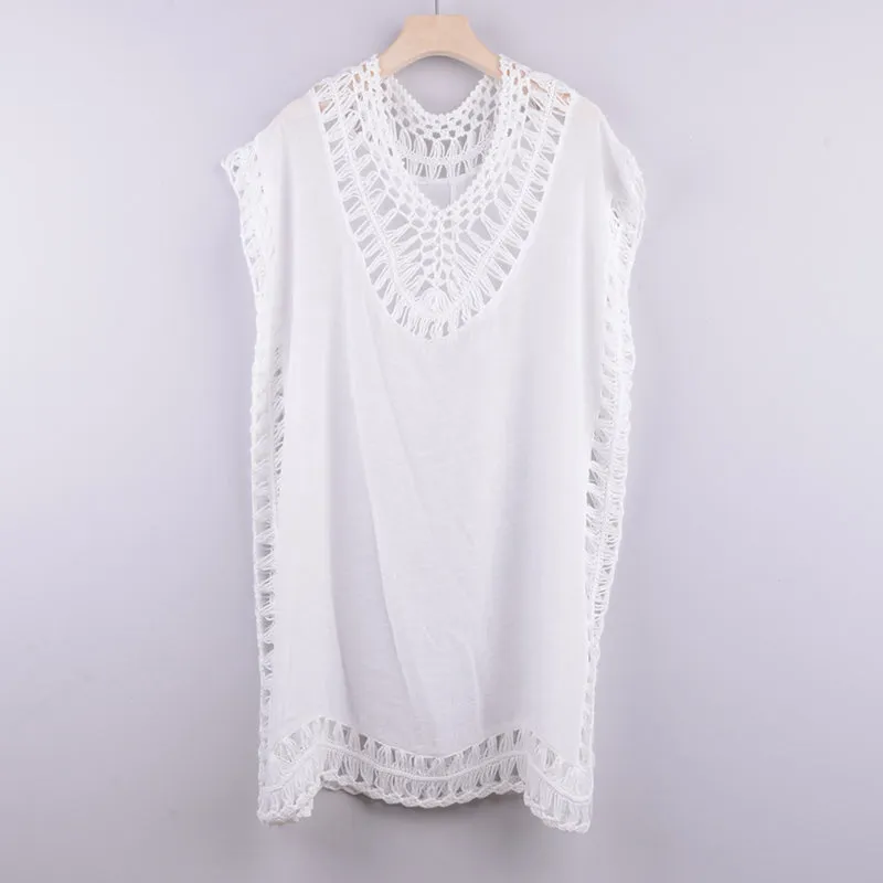 Women's Solid Color Embroidered Hollow Lace Fishnet Knit Coverups