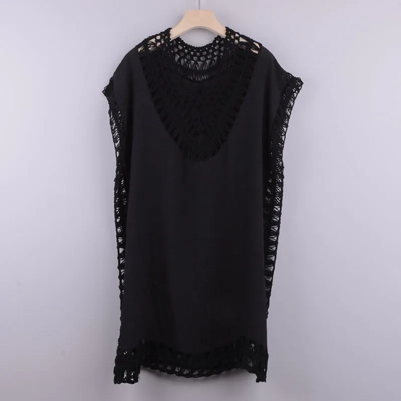 Women's Solid Color Embroidered Hollow Lace Fishnet Knit Coverups