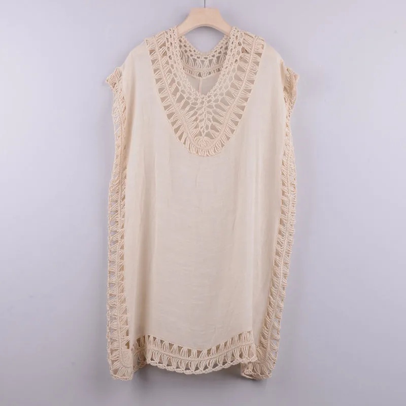 Women's Solid Color Embroidered Hollow Lace Fishnet Knit Coverups