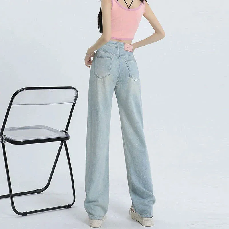 Women's Summer Waist Slim Loose Wide Leg Leisure Design Drape Mop Jeans