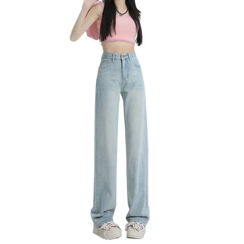 Women's Summer Waist Slim Loose Wide Leg Leisure Design Drape Mop Jeans