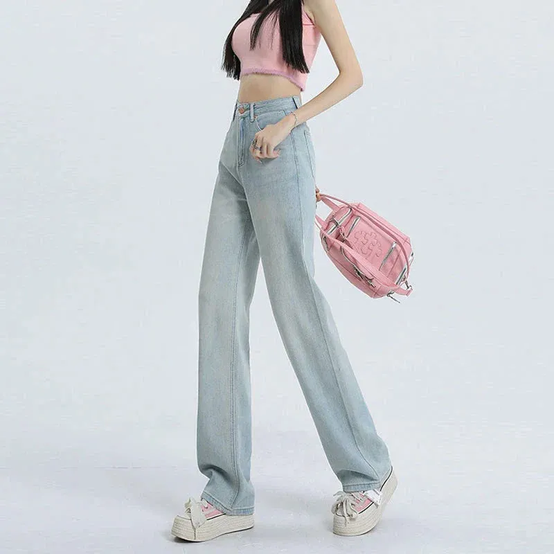 Women's Summer Waist Slim Loose Wide Leg Leisure Design Drape Mop Jeans