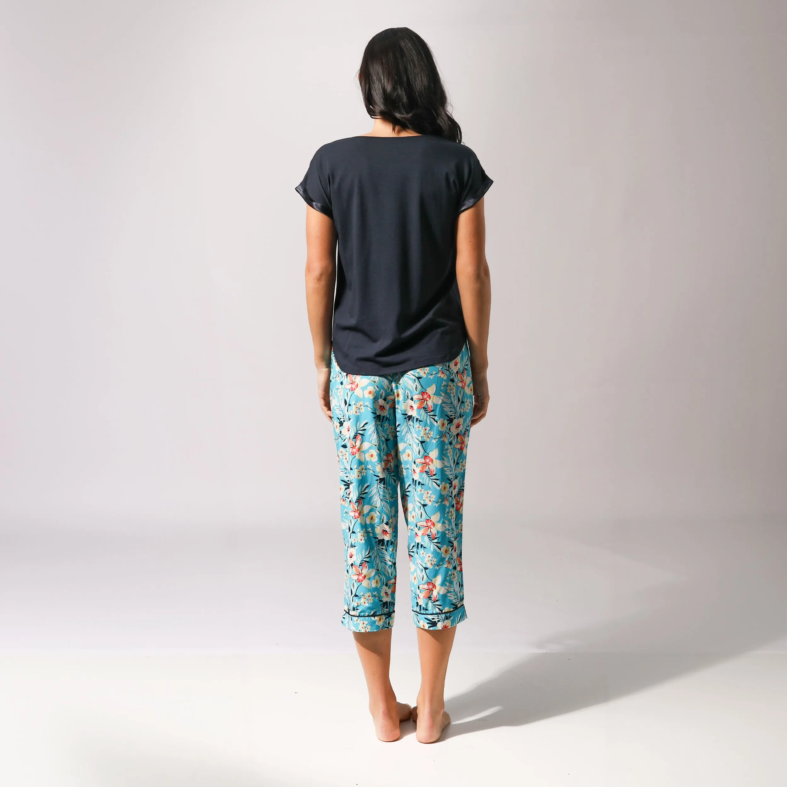 Women's Twilight Floral Woven Pant and Knit Tee Pyjama Set - Blue