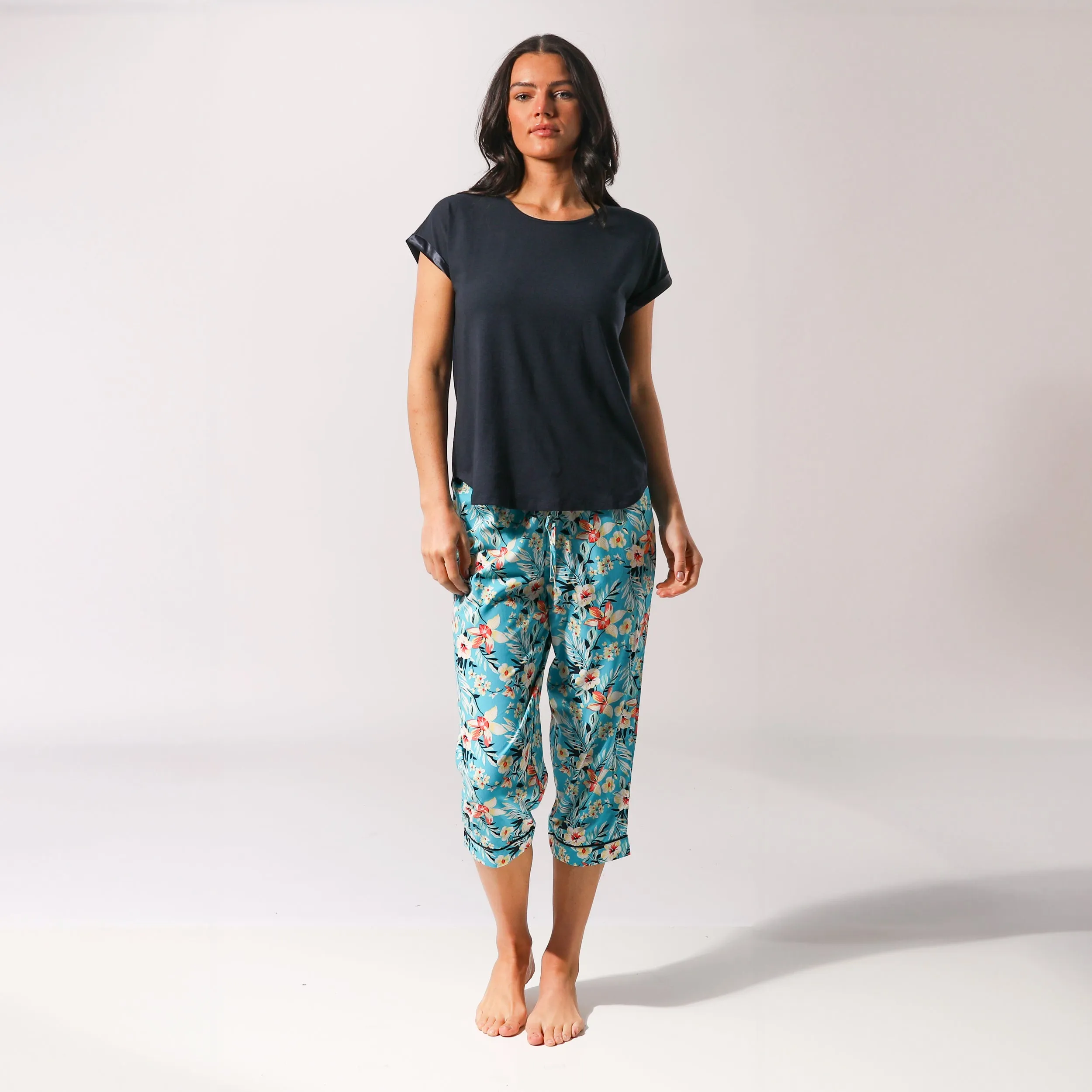 Women's Twilight Floral Woven Pant and Knit Tee Pyjama Set - Blue