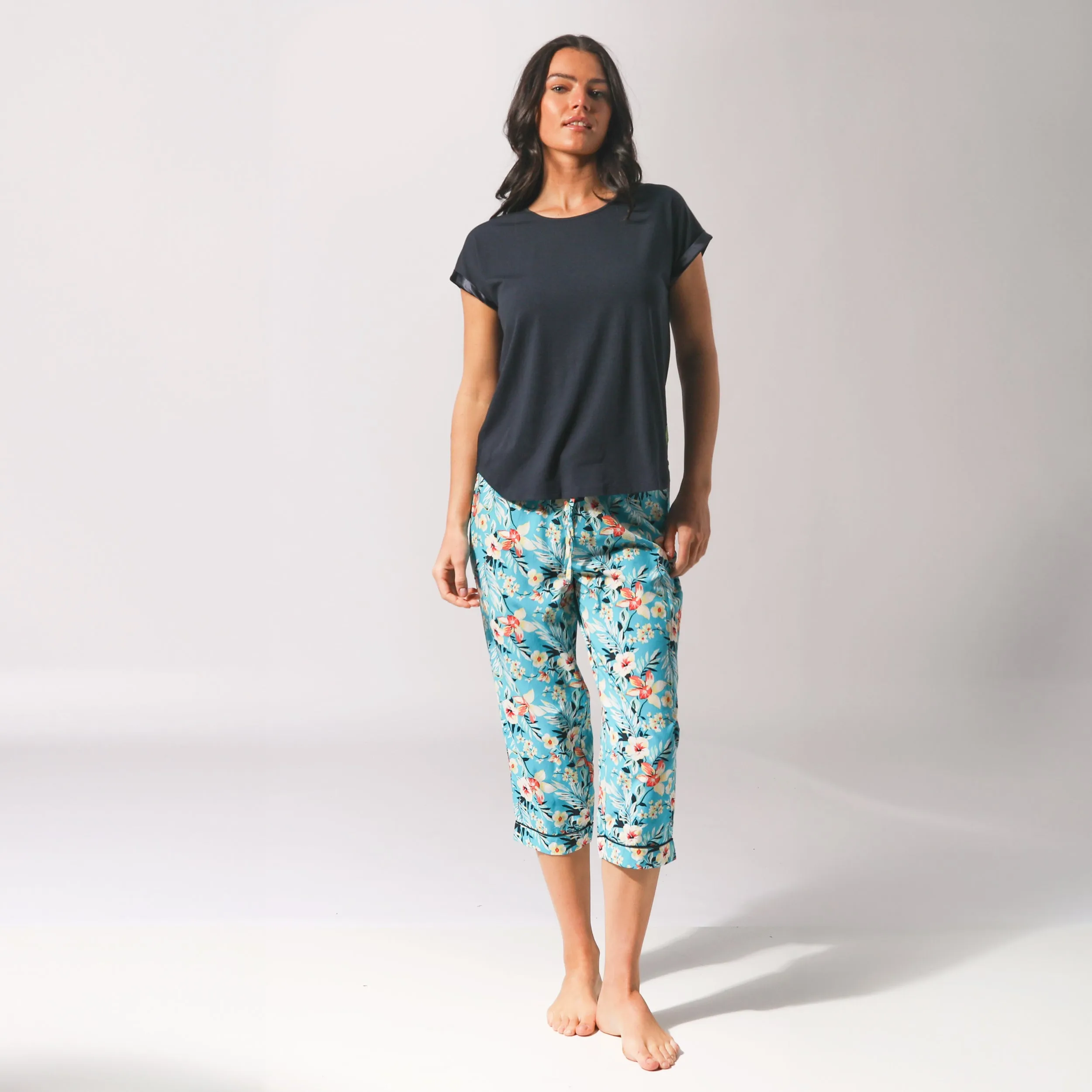 Women's Twilight Floral Woven Pant and Knit Tee Pyjama Set - Blue