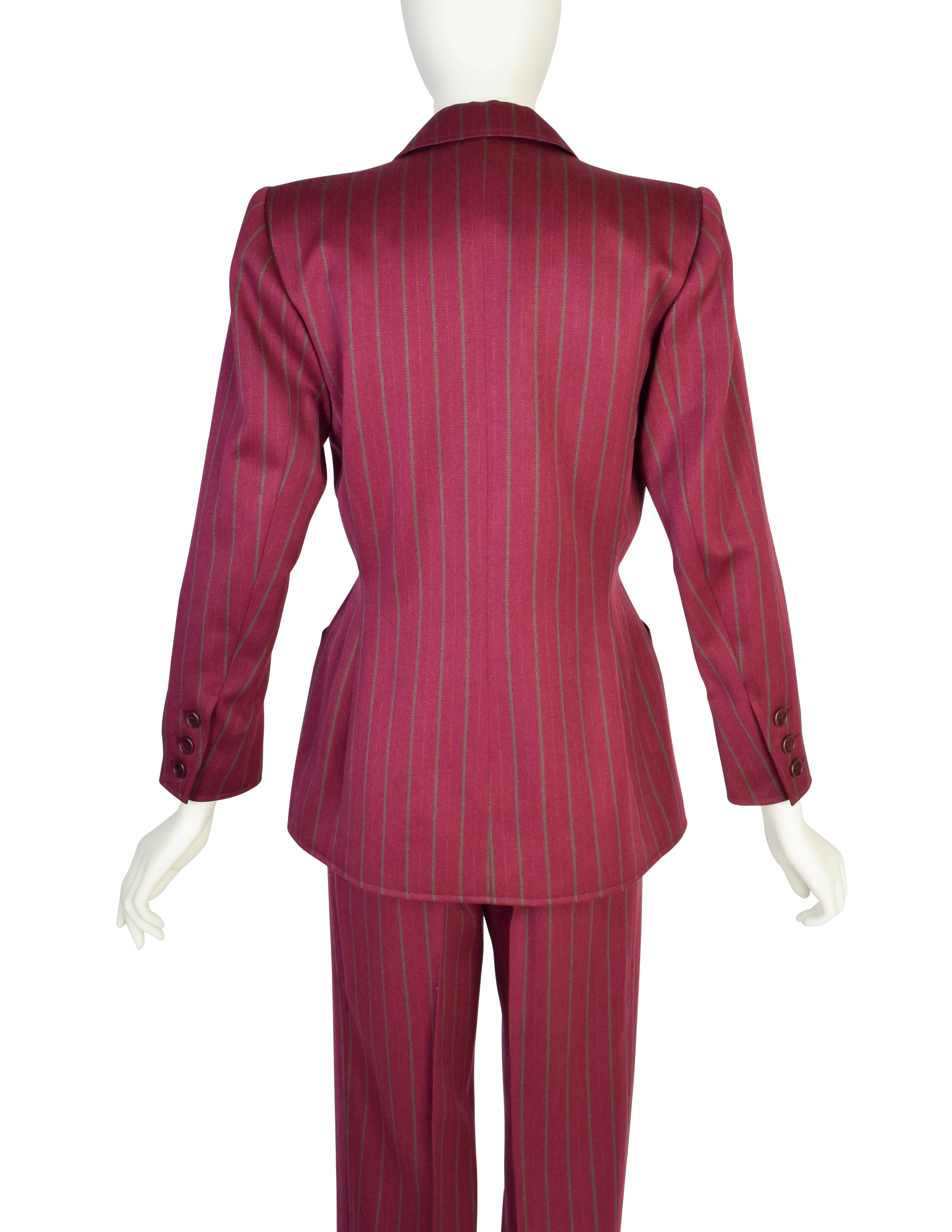 Yves Saint Laurent Vintage 1970s Burgundy Pinstripe Double Breasted Jacket and Trouser Pant Suit