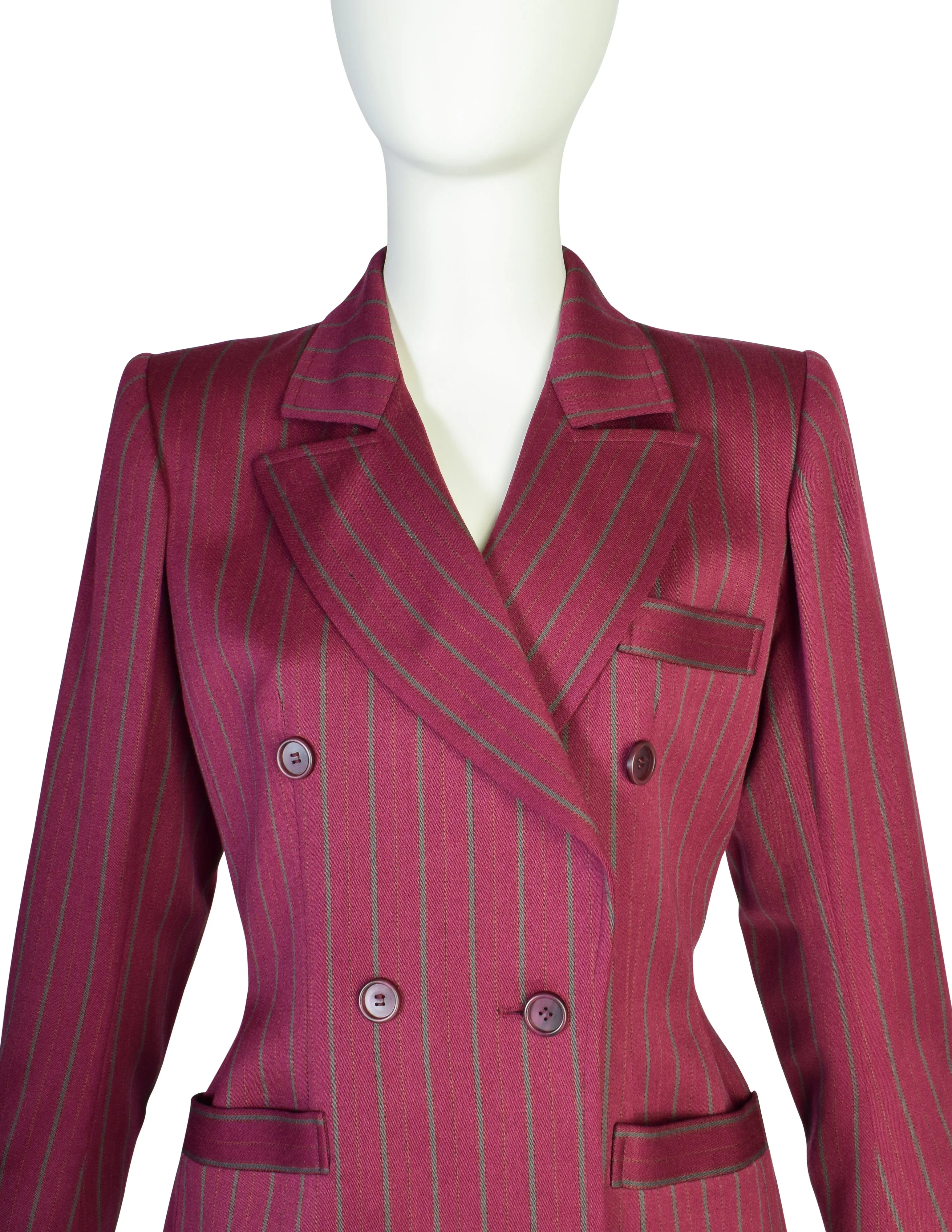 Yves Saint Laurent Vintage 1970s Burgundy Pinstripe Double Breasted Jacket and Trouser Pant Suit