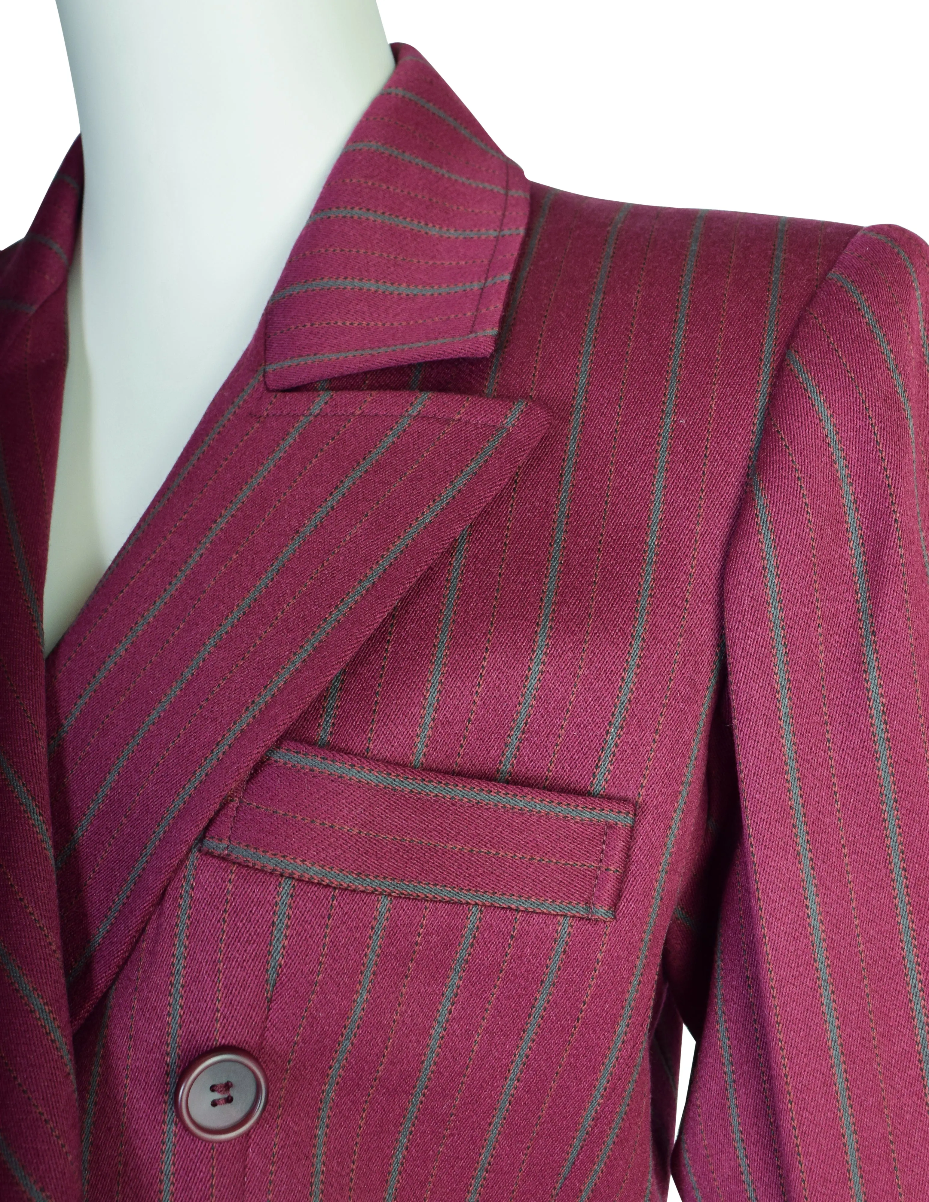 Yves Saint Laurent Vintage 1970s Burgundy Pinstripe Double Breasted Jacket and Trouser Pant Suit