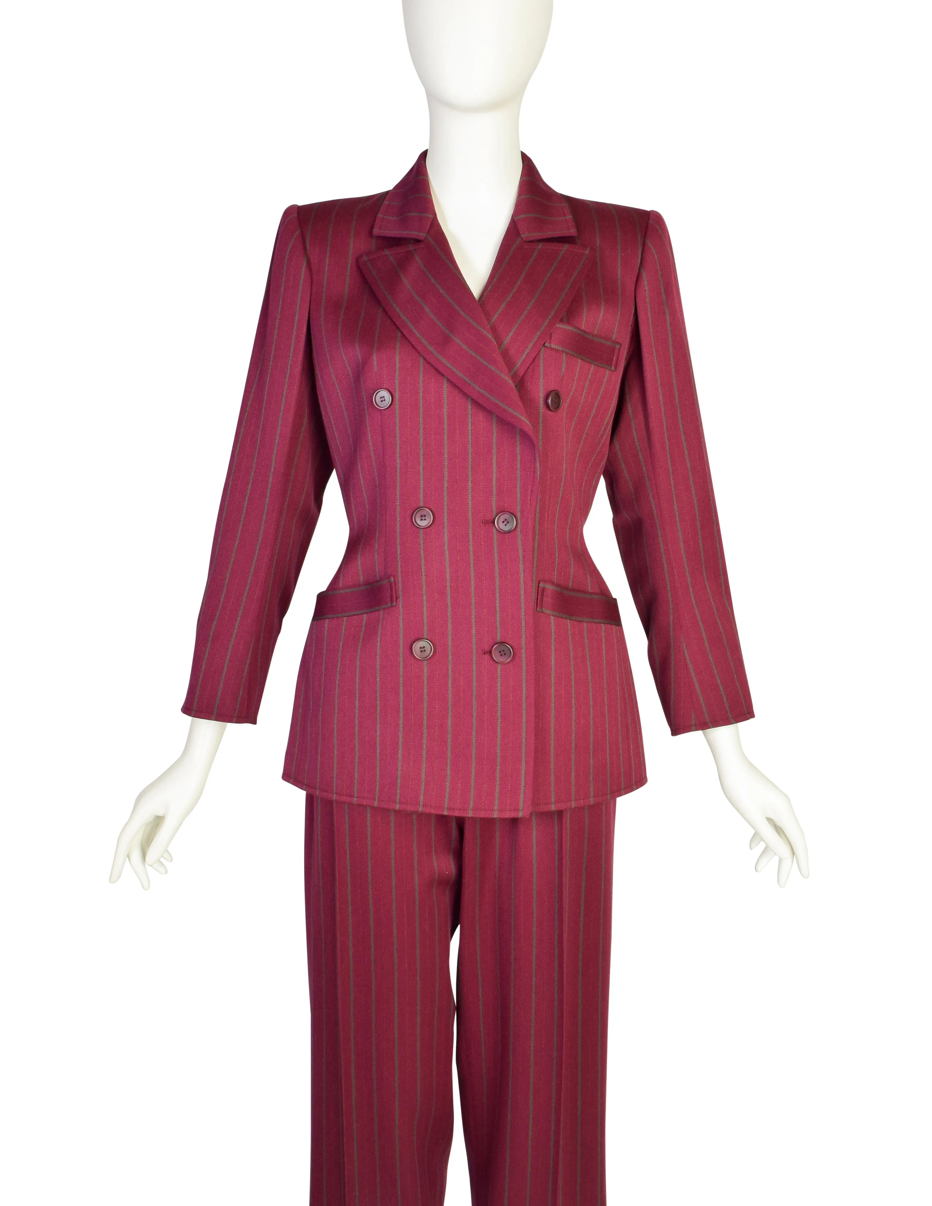 Yves Saint Laurent Vintage 1970s Burgundy Pinstripe Double Breasted Jacket and Trouser Pant Suit