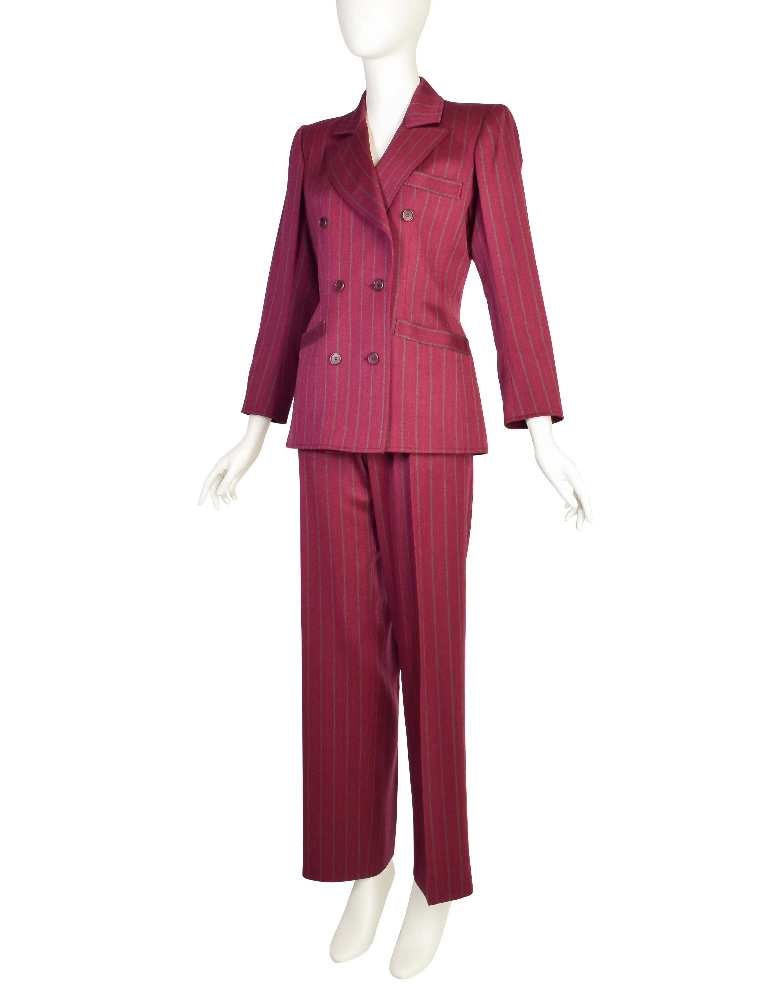 Yves Saint Laurent Vintage 1970s Burgundy Pinstripe Double Breasted Jacket and Trouser Pant Suit