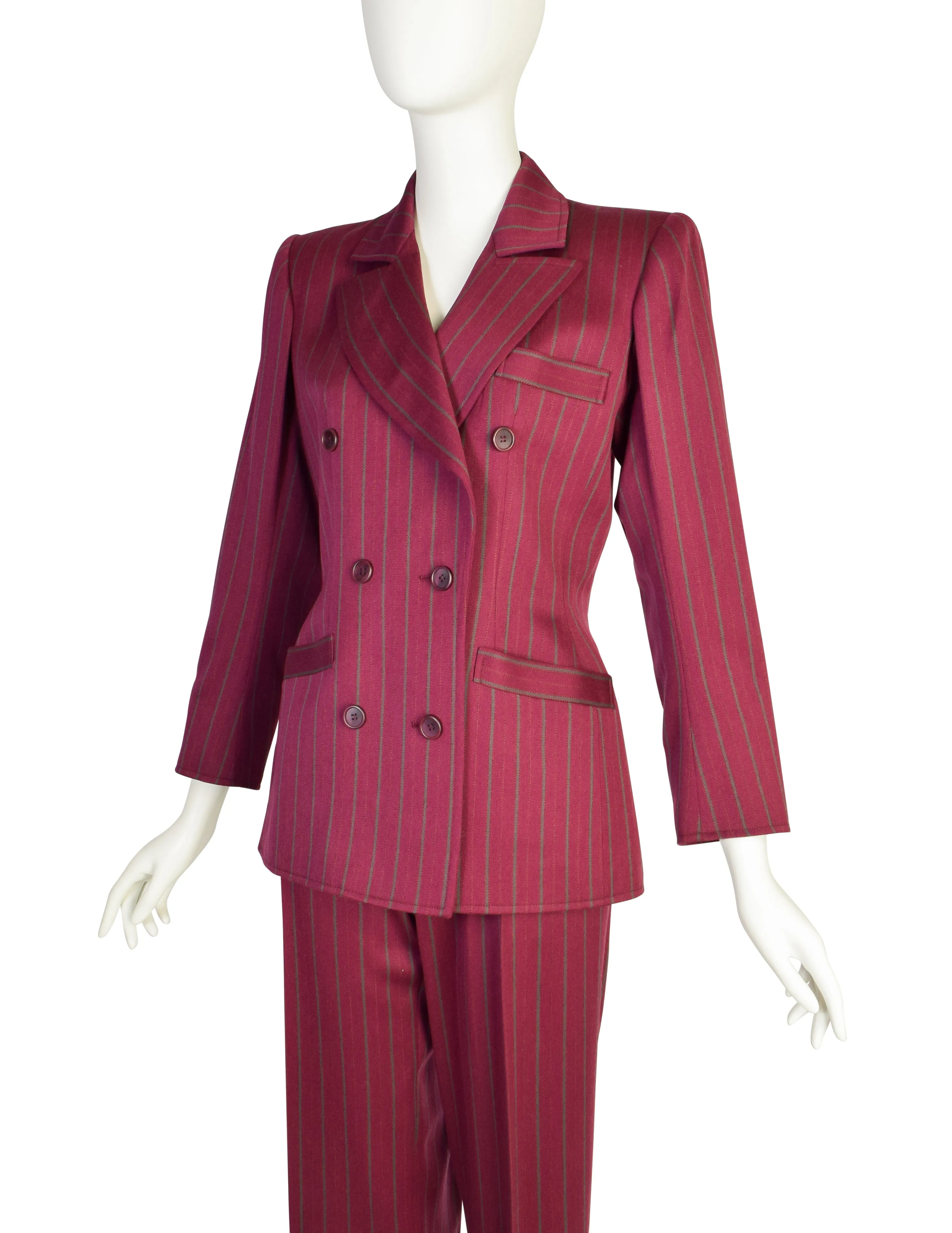 Yves Saint Laurent Vintage 1970s Burgundy Pinstripe Double Breasted Jacket and Trouser Pant Suit