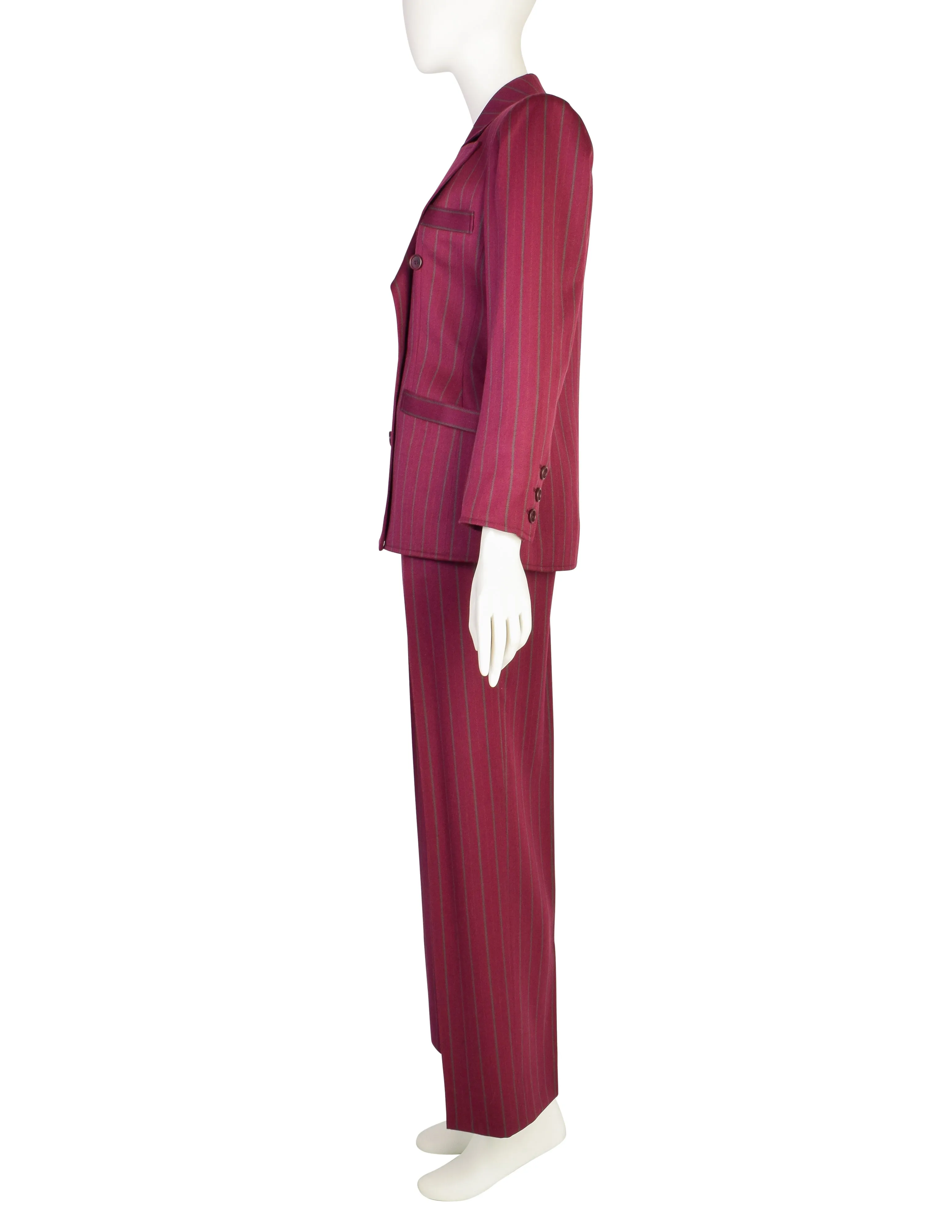 Yves Saint Laurent Vintage 1970s Burgundy Pinstripe Double Breasted Jacket and Trouser Pant Suit