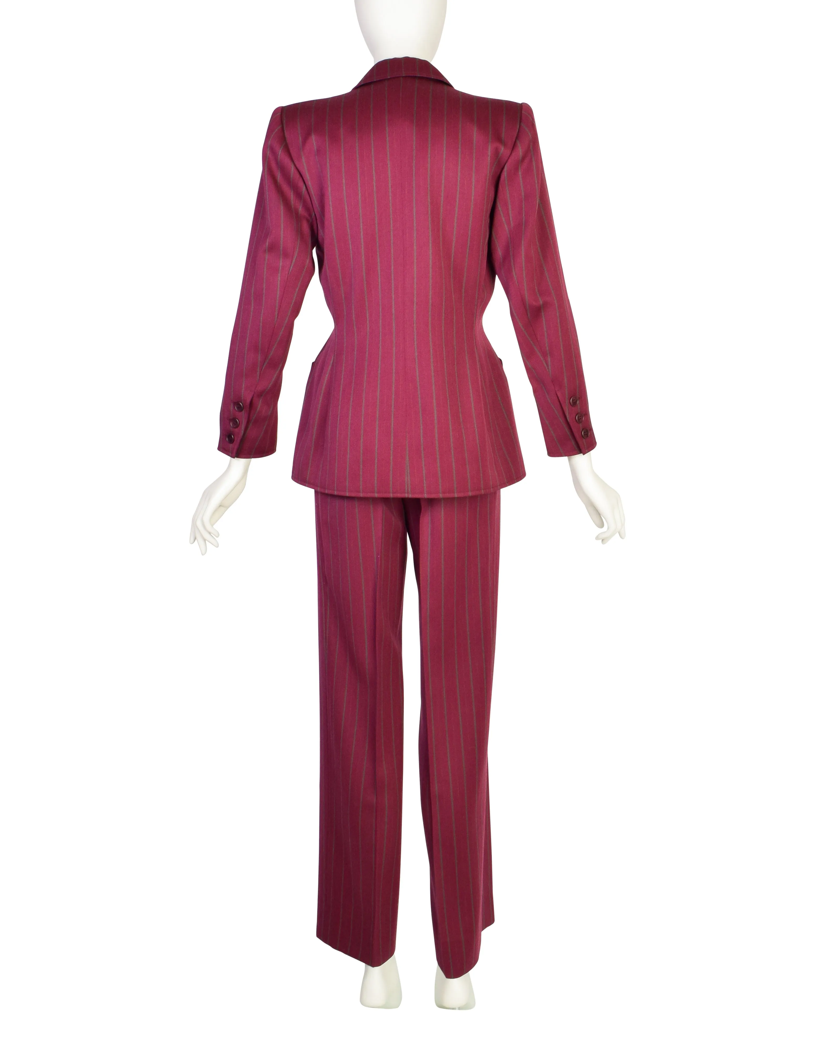 Yves Saint Laurent Vintage 1970s Burgundy Pinstripe Double Breasted Jacket and Trouser Pant Suit