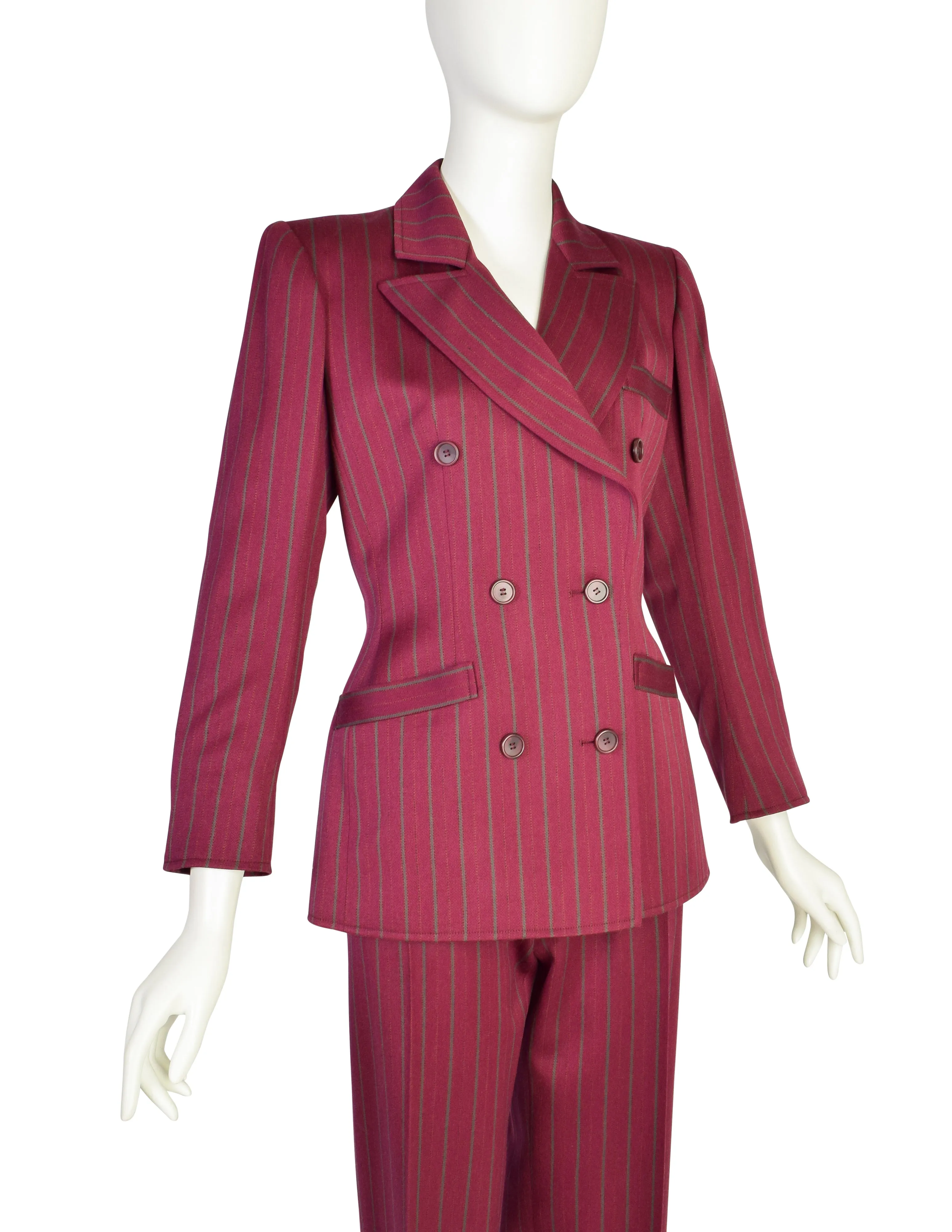 Yves Saint Laurent Vintage 1970s Burgundy Pinstripe Double Breasted Jacket and Trouser Pant Suit