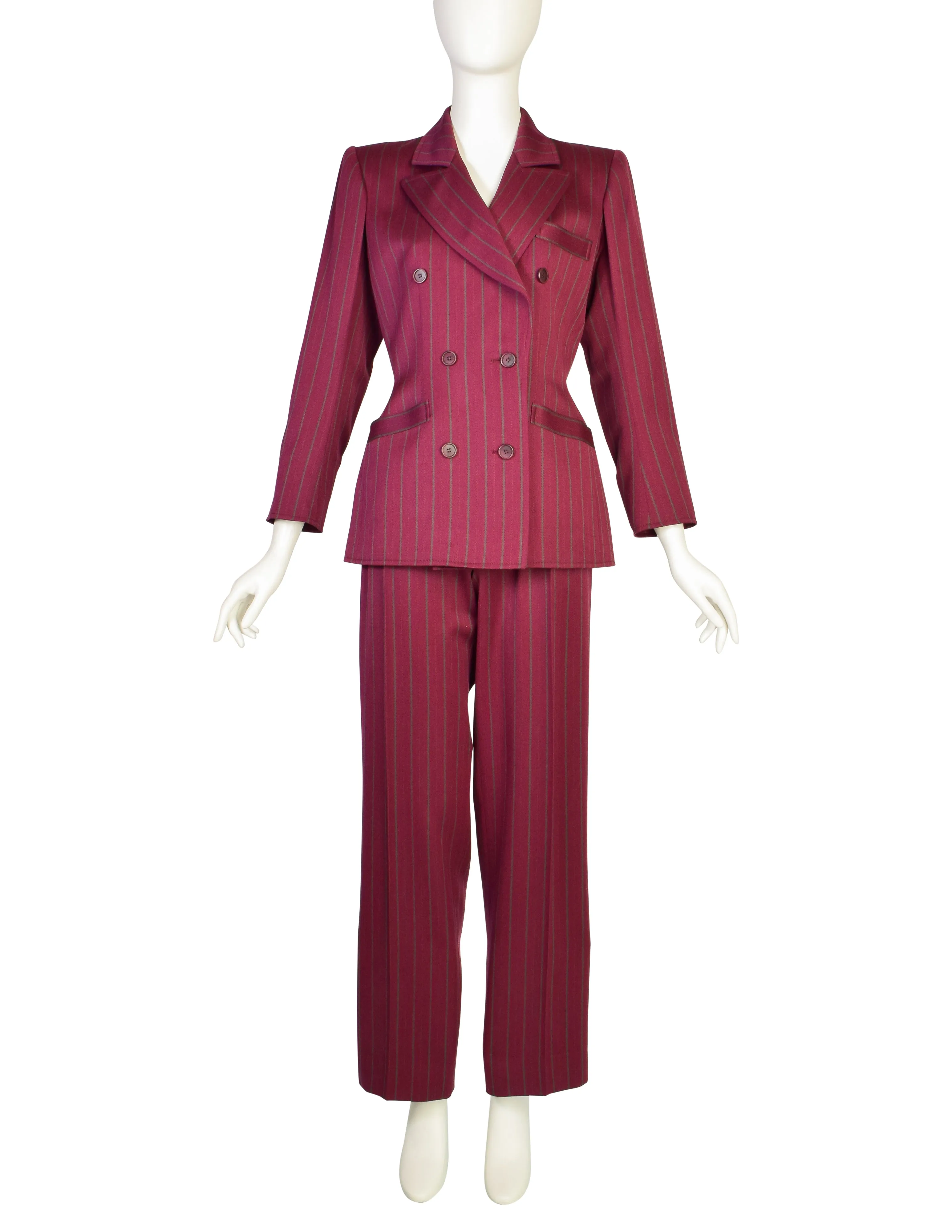 Yves Saint Laurent Vintage 1970s Burgundy Pinstripe Double Breasted Jacket and Trouser Pant Suit