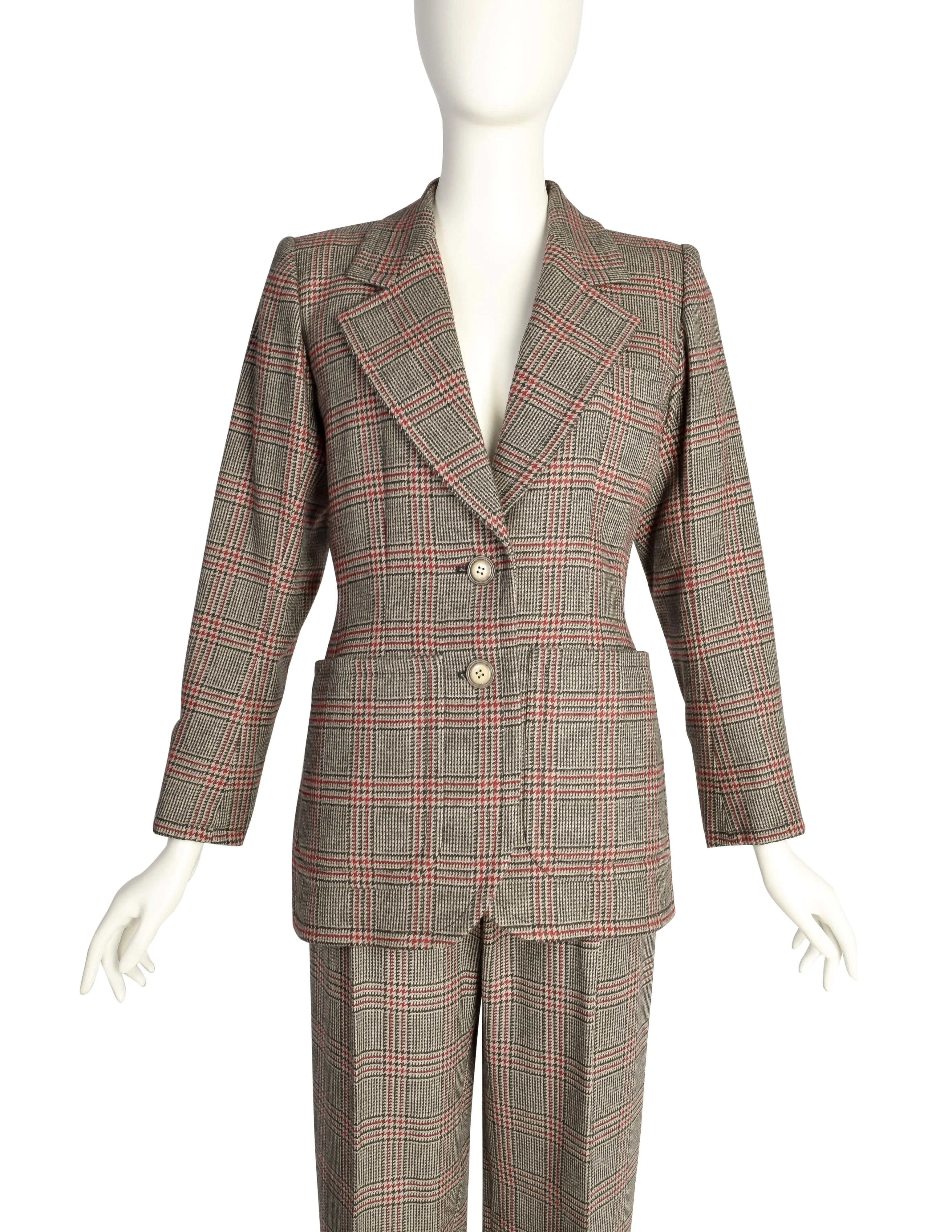 Yves Saint Laurent Vintage AW 1983 Beige Burgundy Houndstooth Plaid Jacket and Trouser Pant Suit