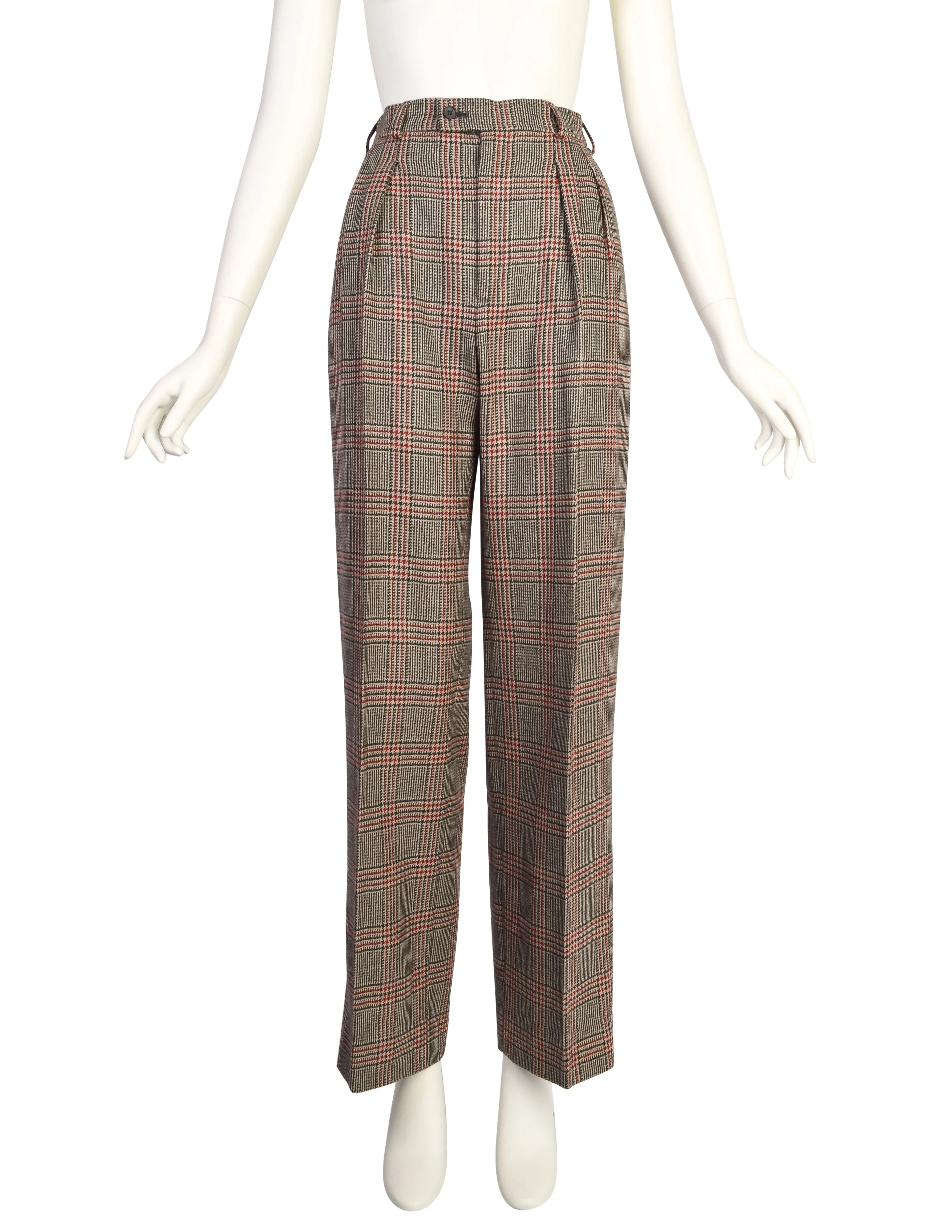 Yves Saint Laurent Vintage AW 1983 Beige Burgundy Houndstooth Plaid Jacket and Trouser Pant Suit