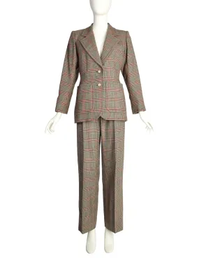 Yves Saint Laurent Vintage AW 1983 Beige Burgundy Houndstooth Plaid Jacket and Trouser Pant Suit