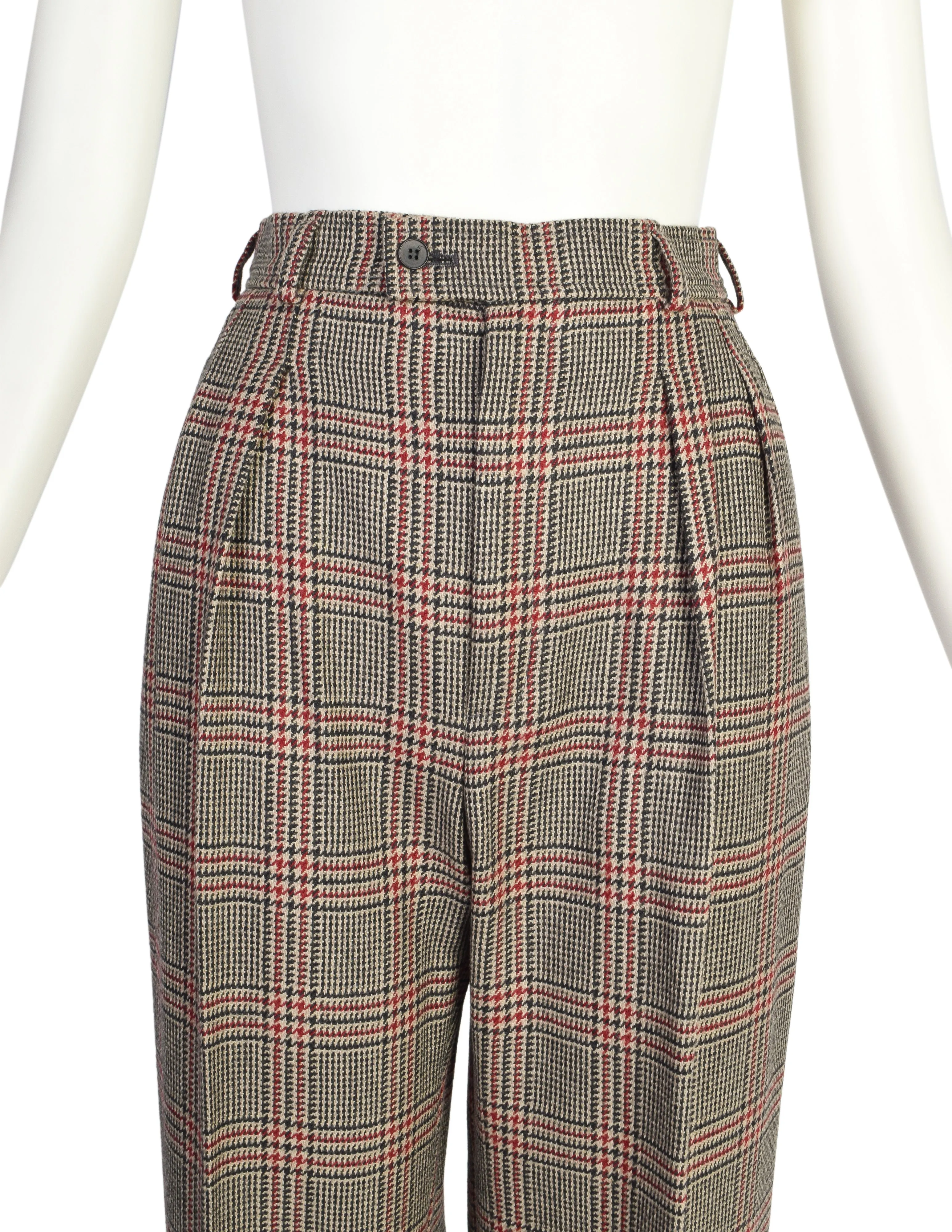 Yves Saint Laurent Vintage AW 1983 Beige Burgundy Houndstooth Plaid Jacket and Trouser Pant Suit