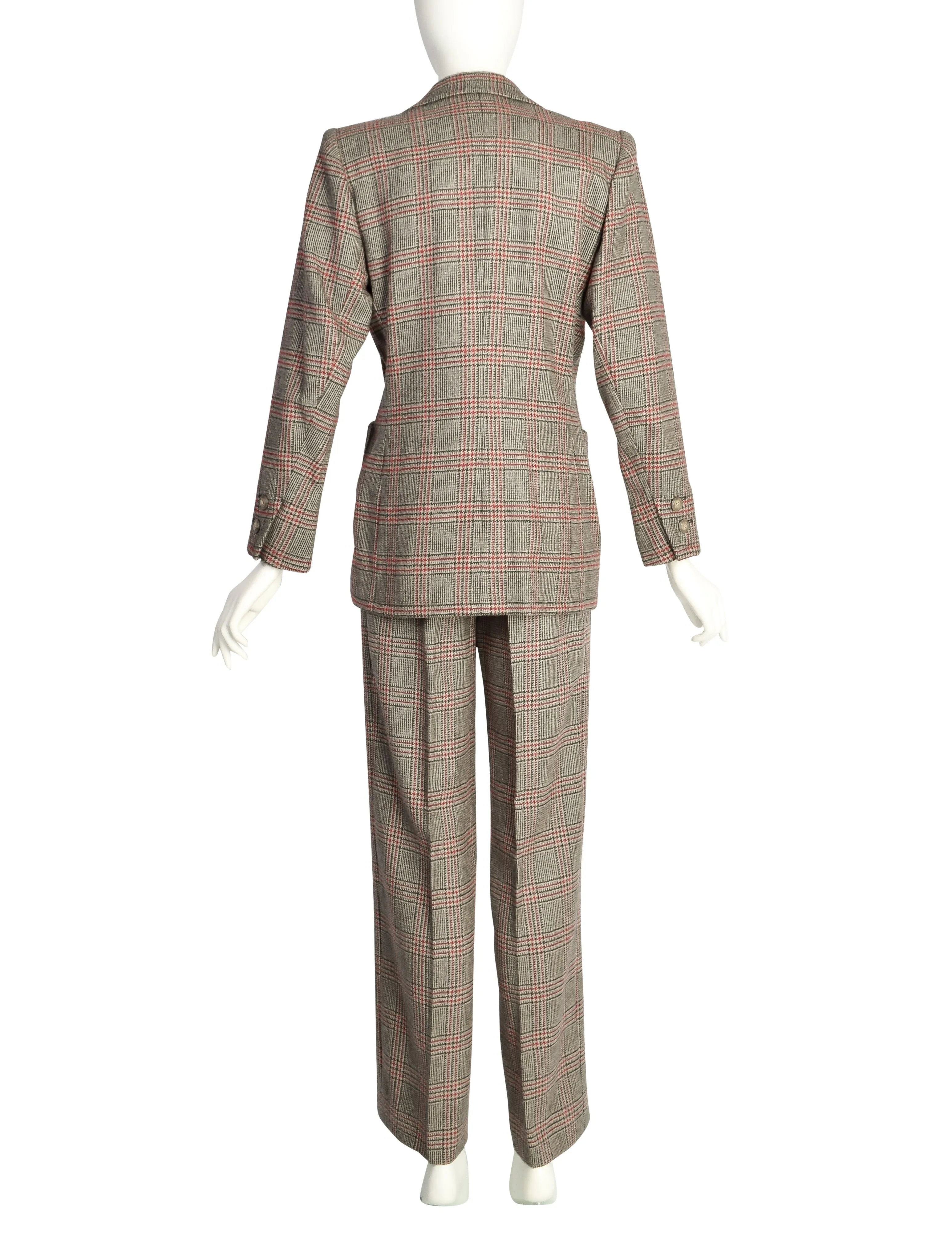 Yves Saint Laurent Vintage AW 1983 Beige Burgundy Houndstooth Plaid Jacket and Trouser Pant Suit