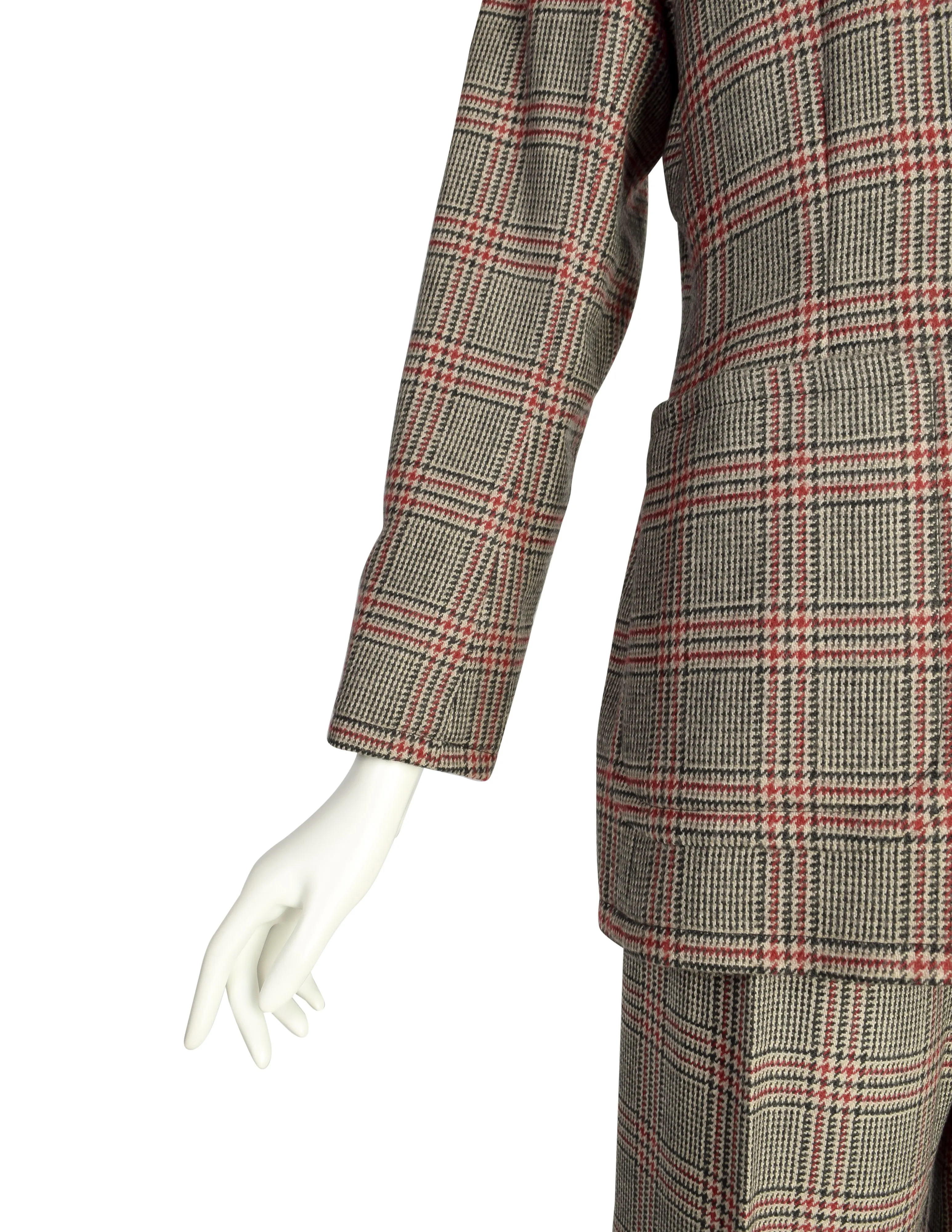 Yves Saint Laurent Vintage AW 1983 Beige Burgundy Houndstooth Plaid Jacket and Trouser Pant Suit