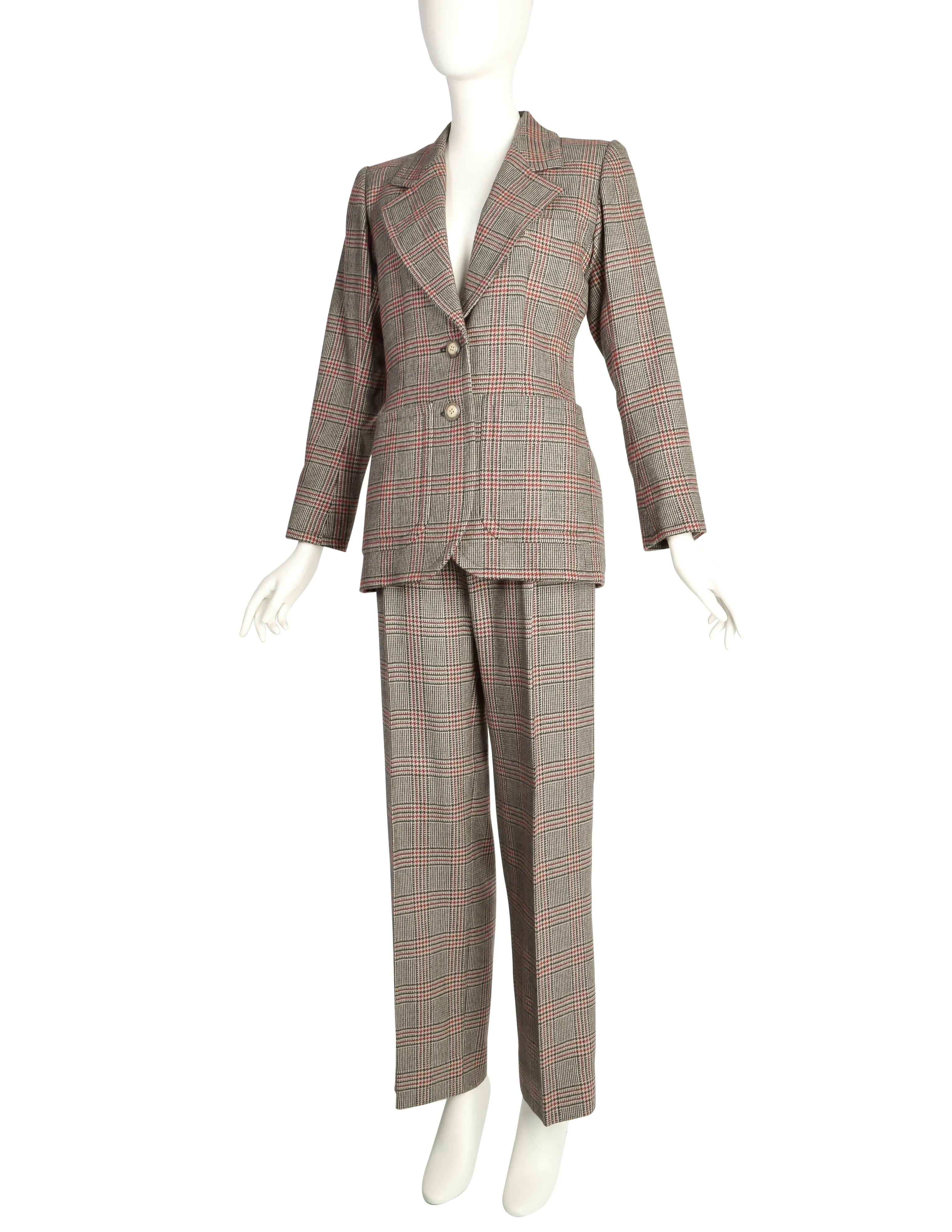 Yves Saint Laurent Vintage AW 1983 Beige Burgundy Houndstooth Plaid Jacket and Trouser Pant Suit