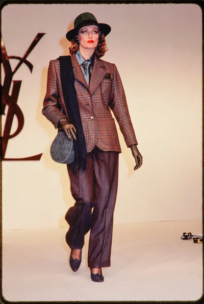 Yves Saint Laurent Vintage AW 1983 Beige Burgundy Houndstooth Plaid Jacket and Trouser Pant Suit